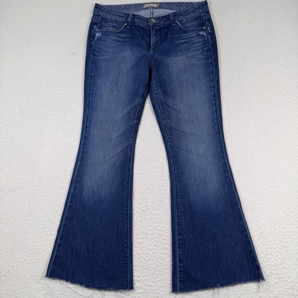 Paige Flare Jeans Women's 28 Manning Dark Wash Stretch Raw Hem Boho Festival‎